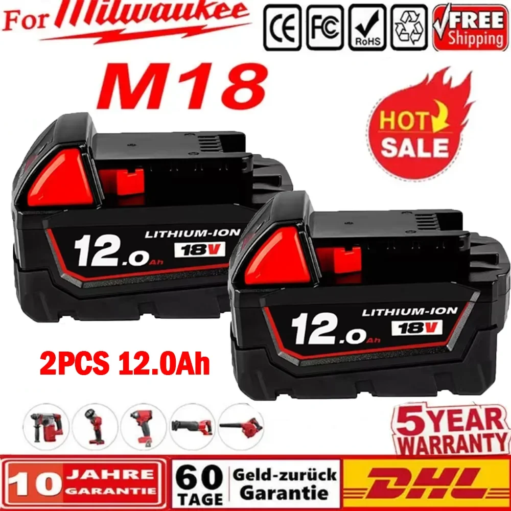 12AH Für Milwaukee Akku 18B6 18V XC Li-ion 48-11-1860 48-11-1852 48-11-1850 48-11-1840 48-11-1820 Batteries Ladegerät