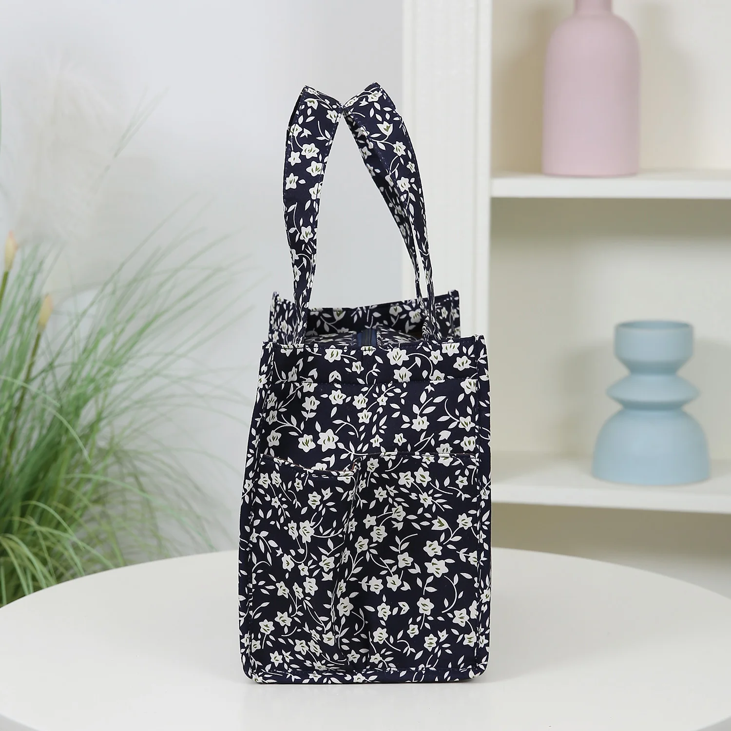 Neue Handtasche aus verdicktem Stoff mit Blumenmuster, Lunch-Tasche, tragbare Lunchbox-Aufbewahrungstasche, Reißverschluss-Design, multifunktionale Tragetasche – Detail 8