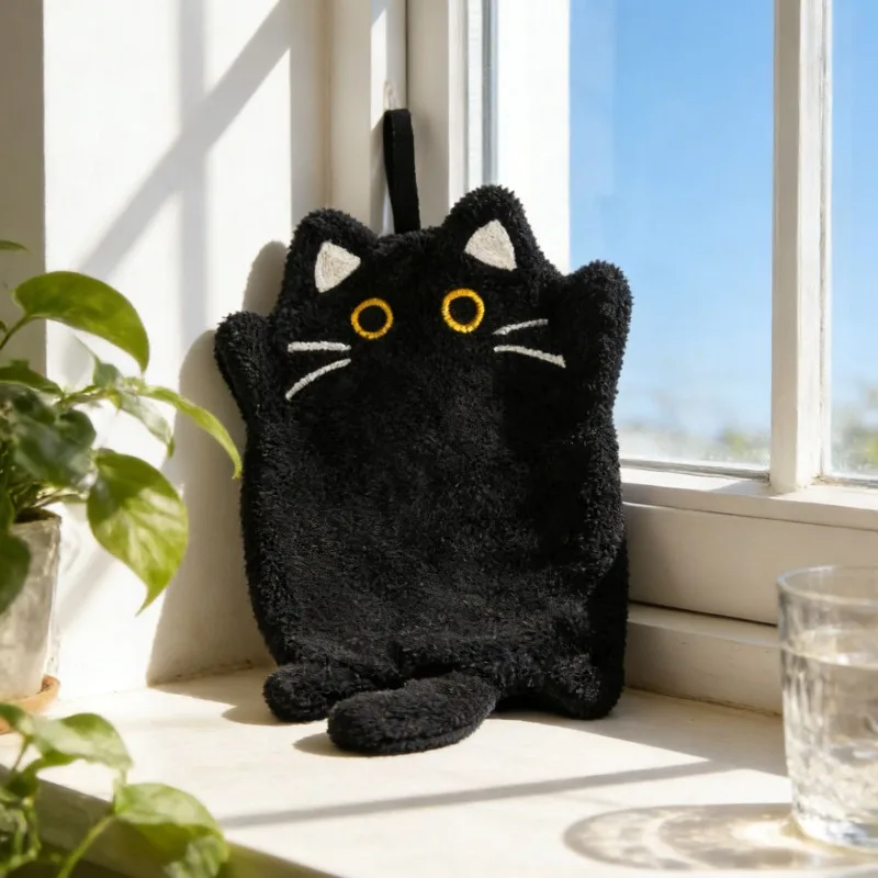 Cute Black Cat Hand Towel Hanging Thick Absorbent Coral Fleece Towel for Kitchen Bathroom Home Use Household Goods