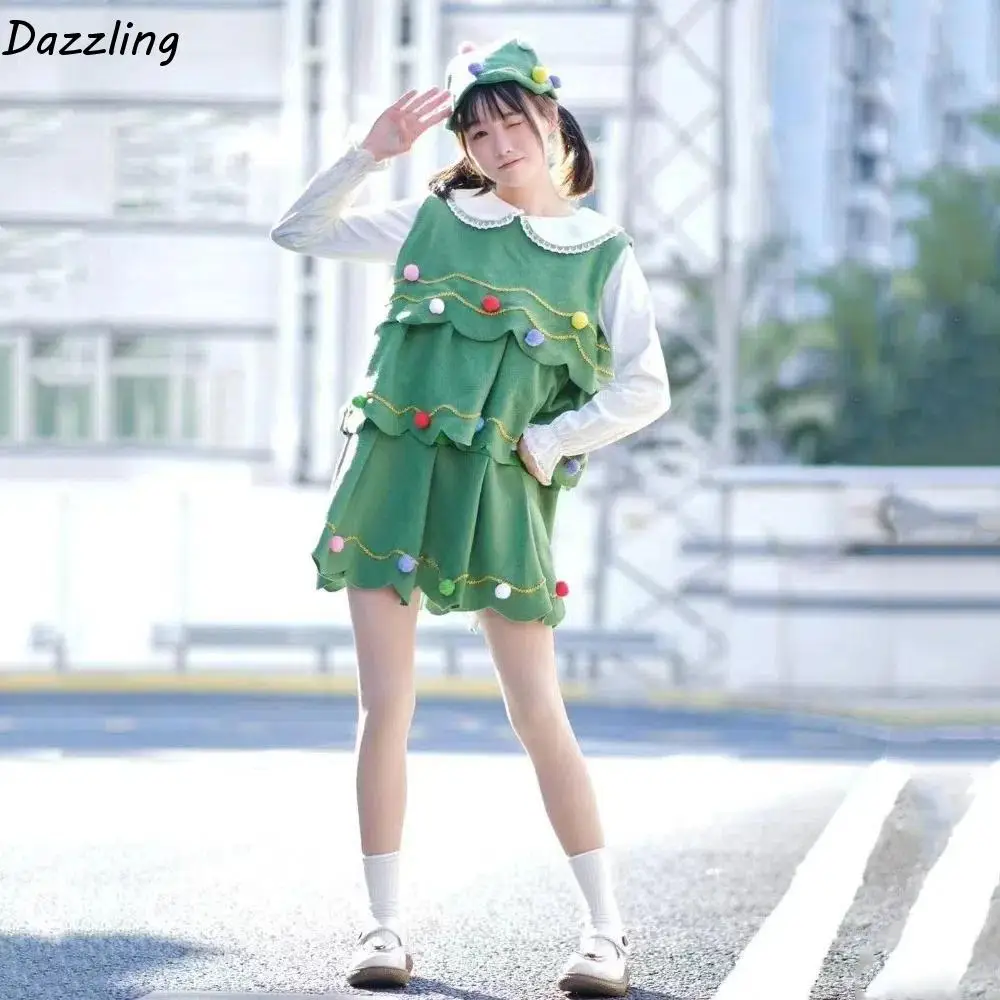 

Костюм рождественской елки со шляпой, разноцветные шарики, зеленая рождественская одежда без рукавов, декор, одежда для косплея, вечерние