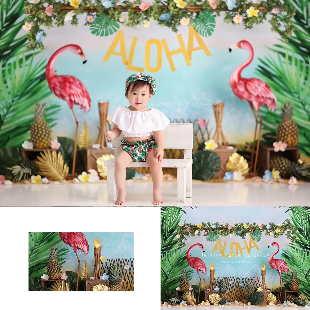 Zomer Aloha Hawaii Achtergronden Kids Baby Fotografie Kind Volwassen Photocall Palmbomen Strand Zand Flamingo Achtergronden