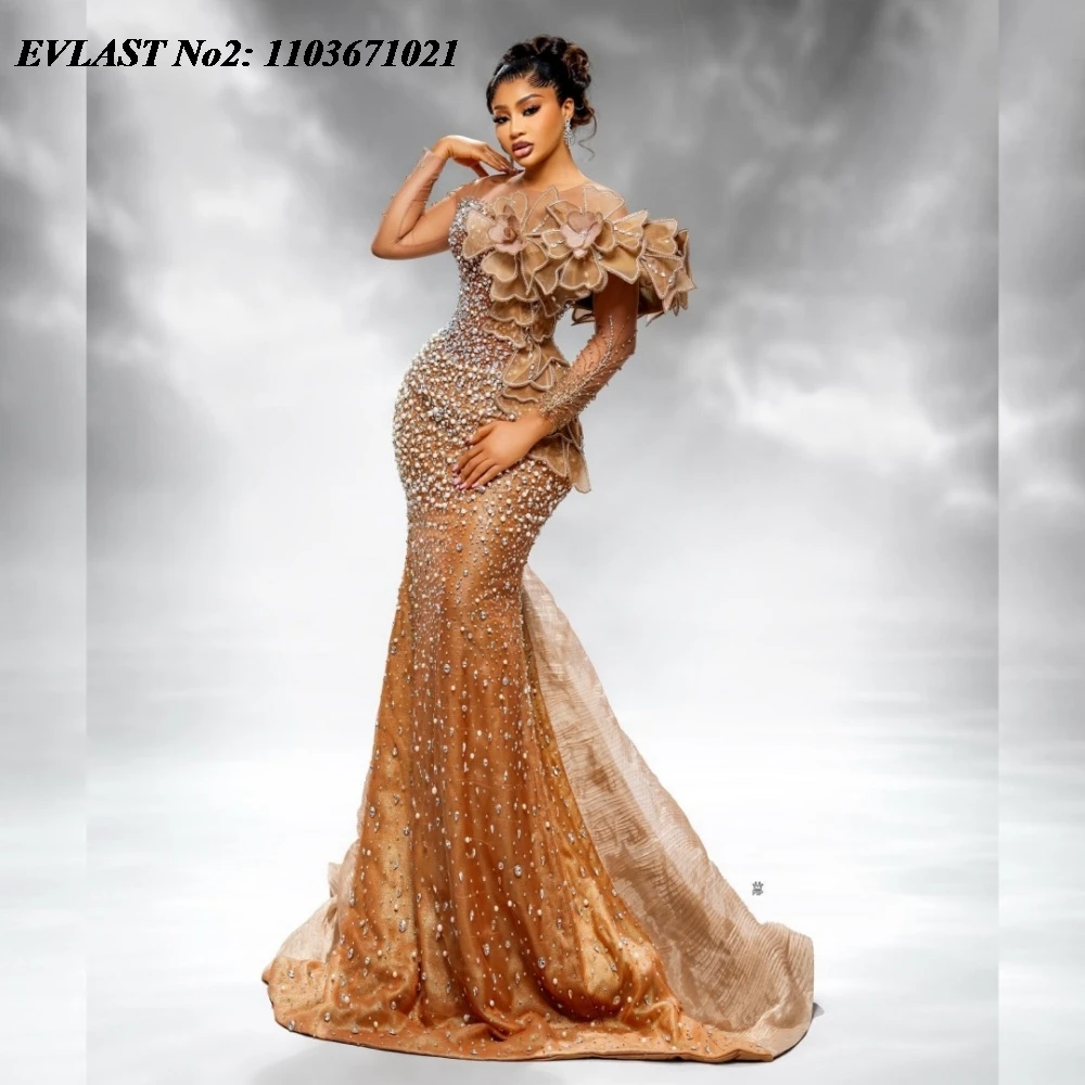 EVLAST Angepasst Afrikanische Braun Meerjungfrau Prom Kleid Schwarze Frauen Glänzende Perlen Kristall Perlen Abendkleid Robe De Soiree E2P124