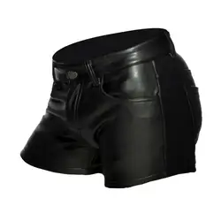 Shorts masculinos de couro sintético, mini shorts masculinos para festa e clube com bolsos com fecho de zíper em cor sólida botão macio para um