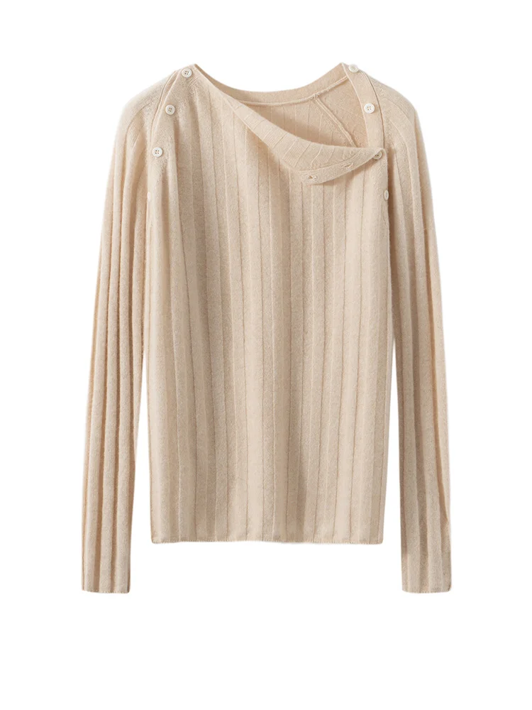 MEETCC Damen-Pullover aus 100 % Kaschmir, gestrickt, Herbst und Winter, langärmelig, mit Knöpfen verziert, weich, warm, modisches Pullover-Oberteil