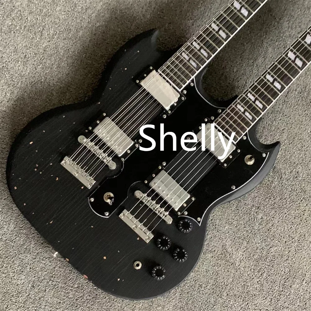 

In stock Double head 12+6 string electric guitar conjoined black paint black guard color can be customized ultra low price