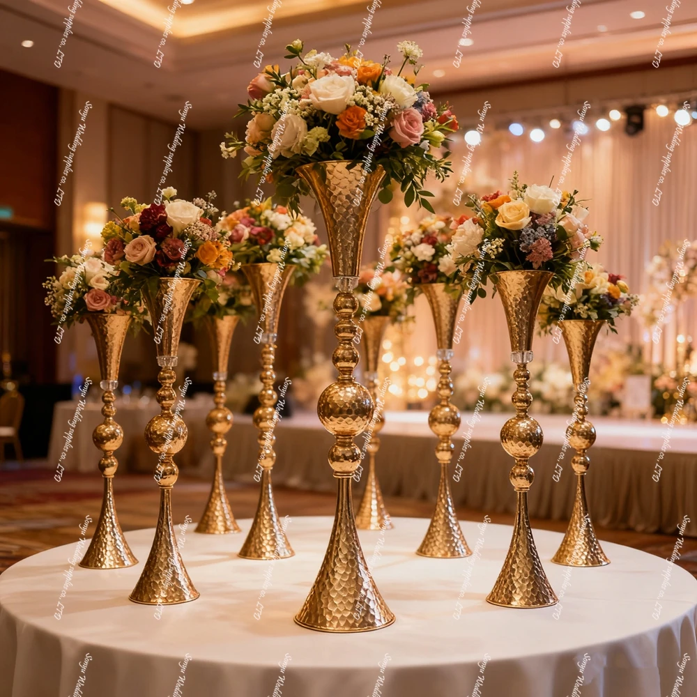 10pcs)f30  Luxury Geometric Gold Tall Frame Table Wed Flower Stand Mesa De Centro Metal Vases for Wedding Table