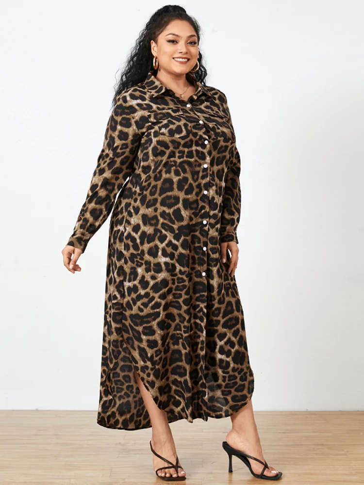 ZANZEA حجم كبير المرأة ليوبارد طباعة فساتين طويلة أنيقة كم طويل زر حتى الياقة قميص فستان 2025 الخريف التنقل 5XL #2