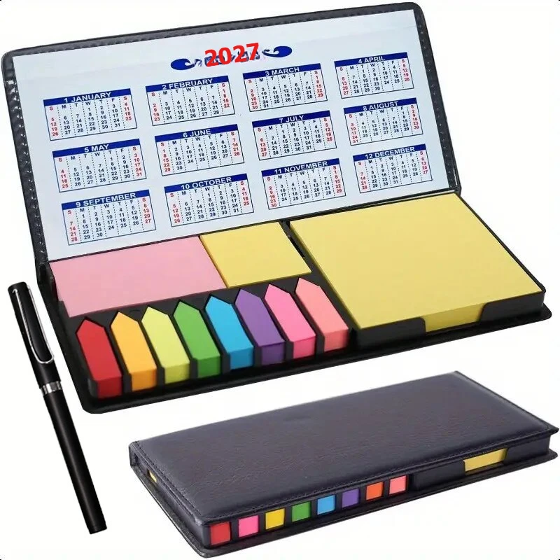 Mehrfarbige Aufkleber-Set Geschäfts-Haftnotizen PU-Leder Verpackungsbox Memo-Notizen Büro-Schreibwaren-Set Kalender 2026/2027 – Detail 9
