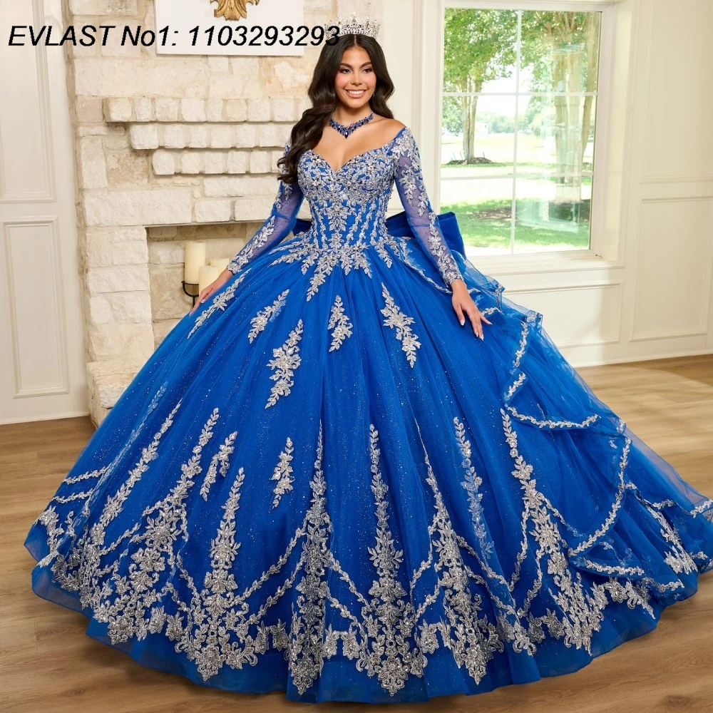 EVLAST Customized Royal Blue Quinceanera Dress Ball Gown Silver Lace Applique Beading Bow Sweet 16 Vestido De 15 Anos E1Q196