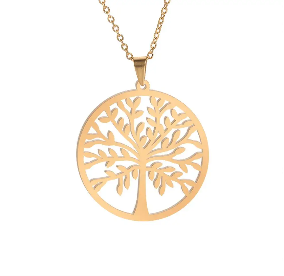 1PC Stainless Steel Tree Necklace Round Pendant Family Special Meaningful Present Friend Gift Stone Design Jewelry F1445