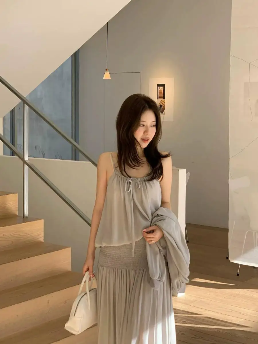 Spring Dongdaemun Gentle Wind Set Women's Loose Strap Sunscreen Open Cardigan High Waist Pleated Long Skirt Casual Style