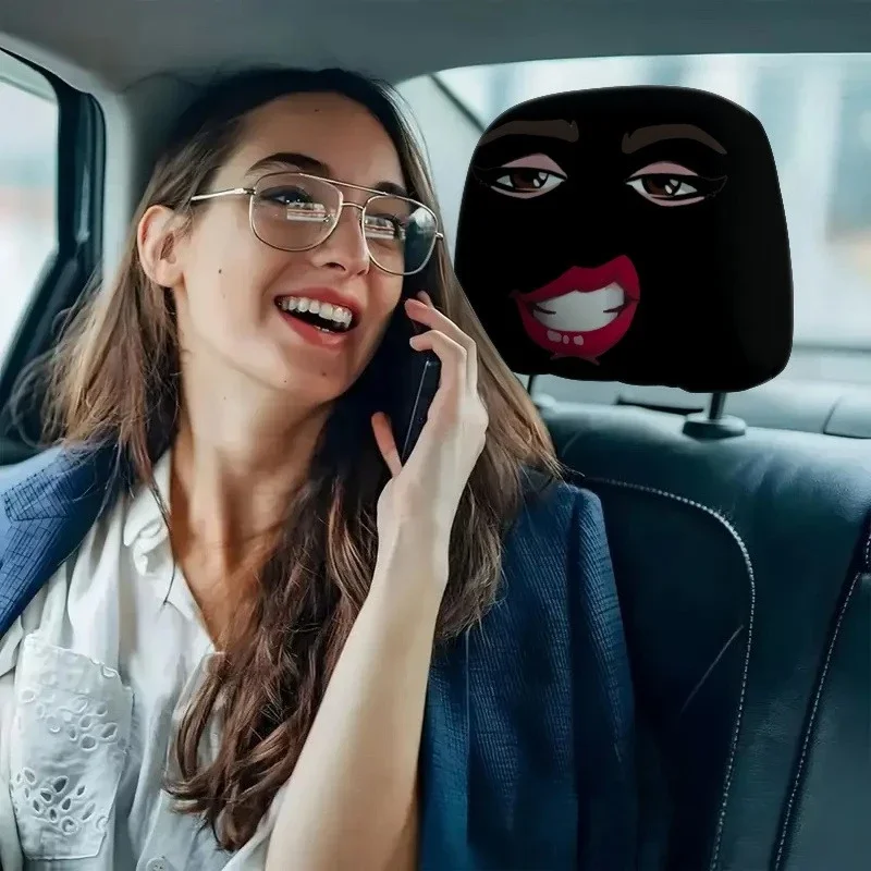 2pcs The Car Headrest Cover Features A 2d Printed Design with Red Lips and Dark Cartoon Style Its Both Fun and Practical