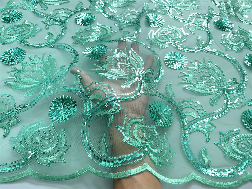 Green Sequined French Mesh Lace Fabric 2025 High Quality Luxury African Tulle Lace Fabric Nigerian Net Bride Wedding Dress A3858