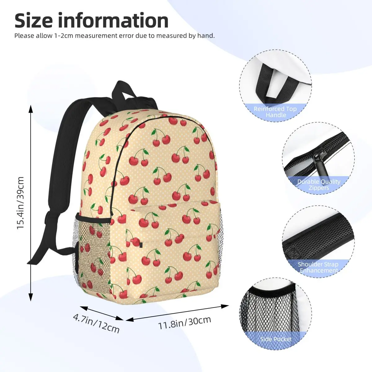 Cherry And Point Pattern Backpack Daypack Large Capacity Boys Girls BookBag Shoulder Bags for Men Women Children School Bag