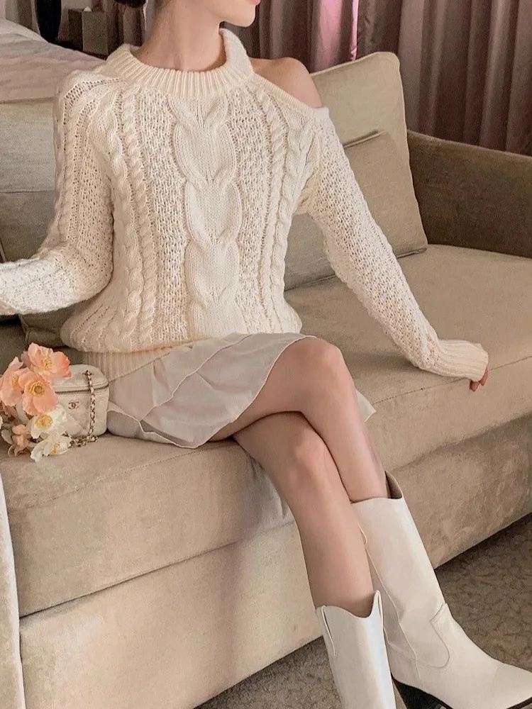 

Faionable Thiened oulder-baring Long Sve Knitwear Women's Loose Fit Casual Sle Autumn 2025 Design Sensation