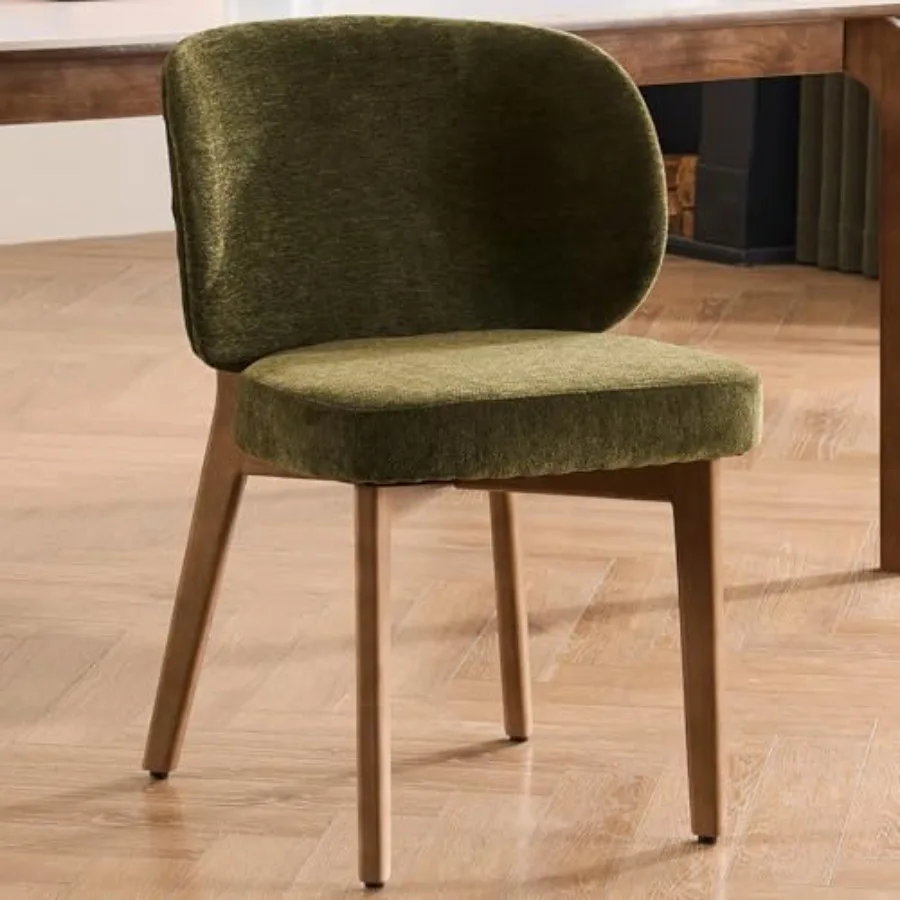 

Upholstered Dining Chair Modern Chenille Fabric Dining Room Chair with Wood Legs Widen Backrest Comfy Side Kitchen Chairs Green