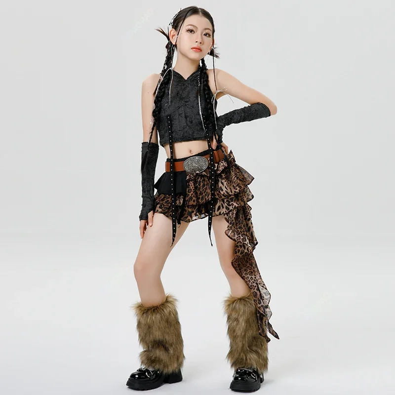 

Girls New Ballroom Hip Hop Jazz Dance Costumes Hoodie Loose Tops Leopard Print Skirt Streetwear Stage Wear