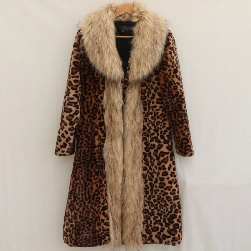 Leopard Print Mink Coat Women's Winter European American Raccoon Skin Coat Thick Warm Long Fur Coat Fur Collar Windbreaker Top