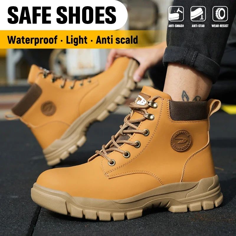 Anti-smash Work Safety Boots for Men, Steel Toe Shoes, Puncture-proof, Indestructible, Waterproof Sneakers Brown Boots