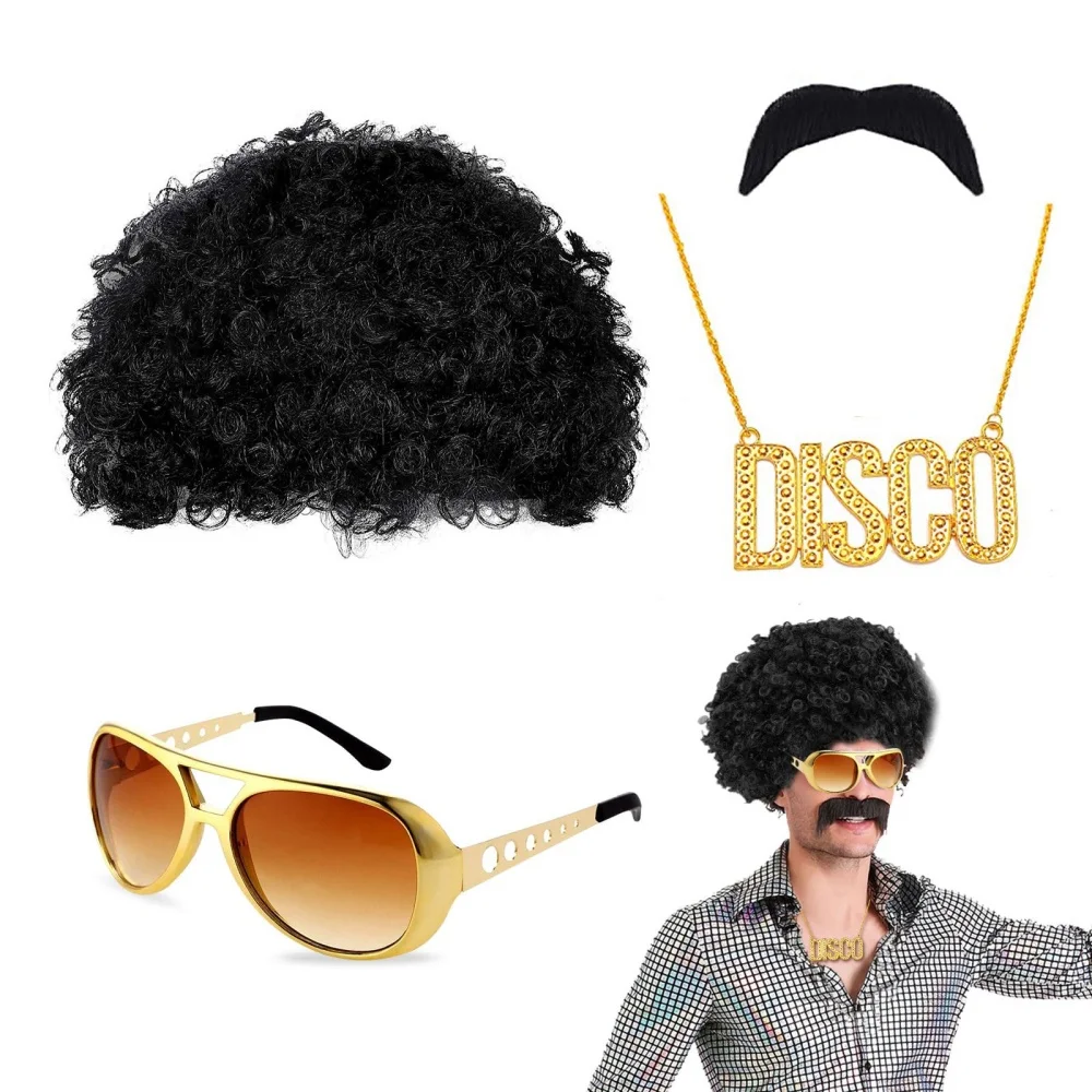 Peluca Afro rizada para adultos, conjunto de disfraces para Halloween, Fiesta Disco de los años 70 y 80, pelucas Afro sintéticas para hombres y mujeres, accesorios de Cosplay