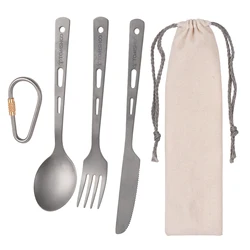 TOMSHOO Titanium 3PCS Cutlery Set Lightweight Spoon Fork Cutter with Carabiner and Drawstring Sack for Outdoor Camping Tableware