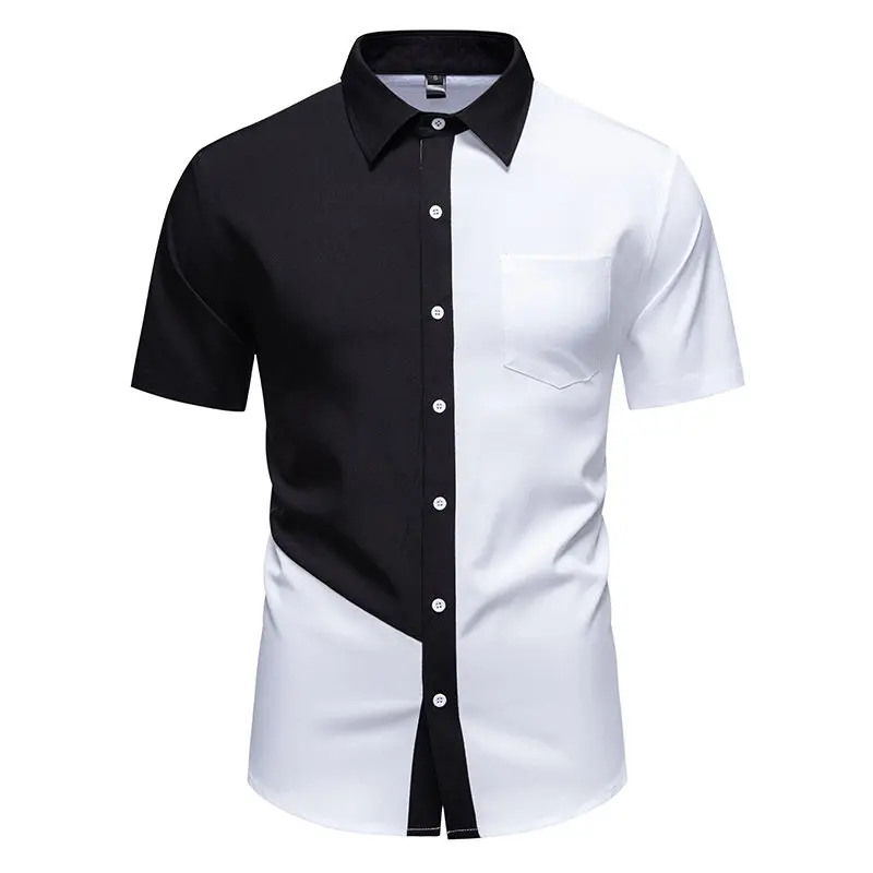 Summer Men's Black White Contrast Short Sleeve Shirt Casual Solid Patchwork Daily Basic Shirts Fashion Office Work Blouse