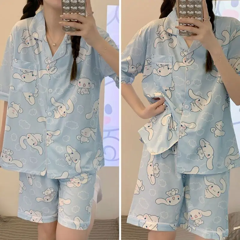 

Sanrio Cinnamoroll Cheap Nightwear Lady Pajamas Shorts Short Sleeve Sleepwear Kawaii Cartoon Negligee Summer Home Wears Suit New