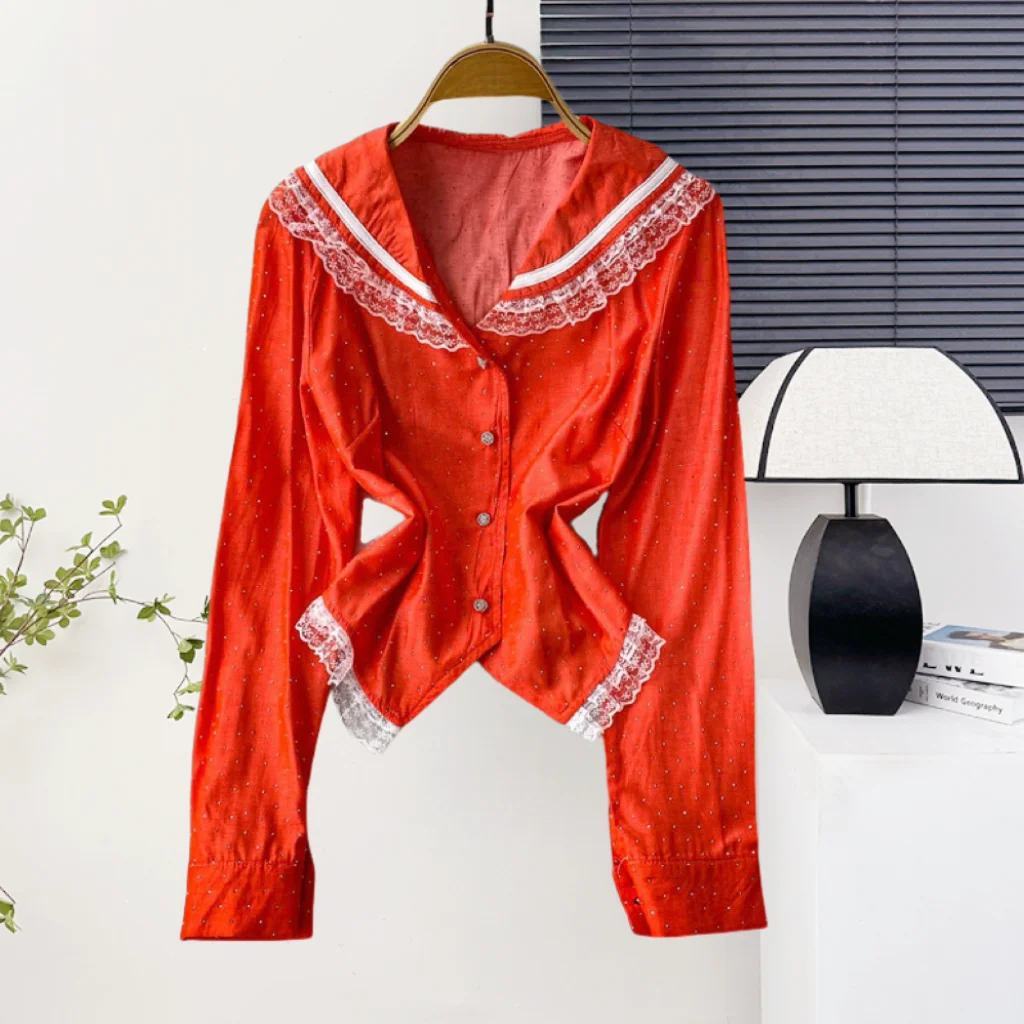 블랙,새로운,여름,한국어,스타일,슬림,블라우스,짧은,패션,섹시,버튼,패치워크,레이스,반짝이는,다이아몬드,여성,긴 소매,탑,562703