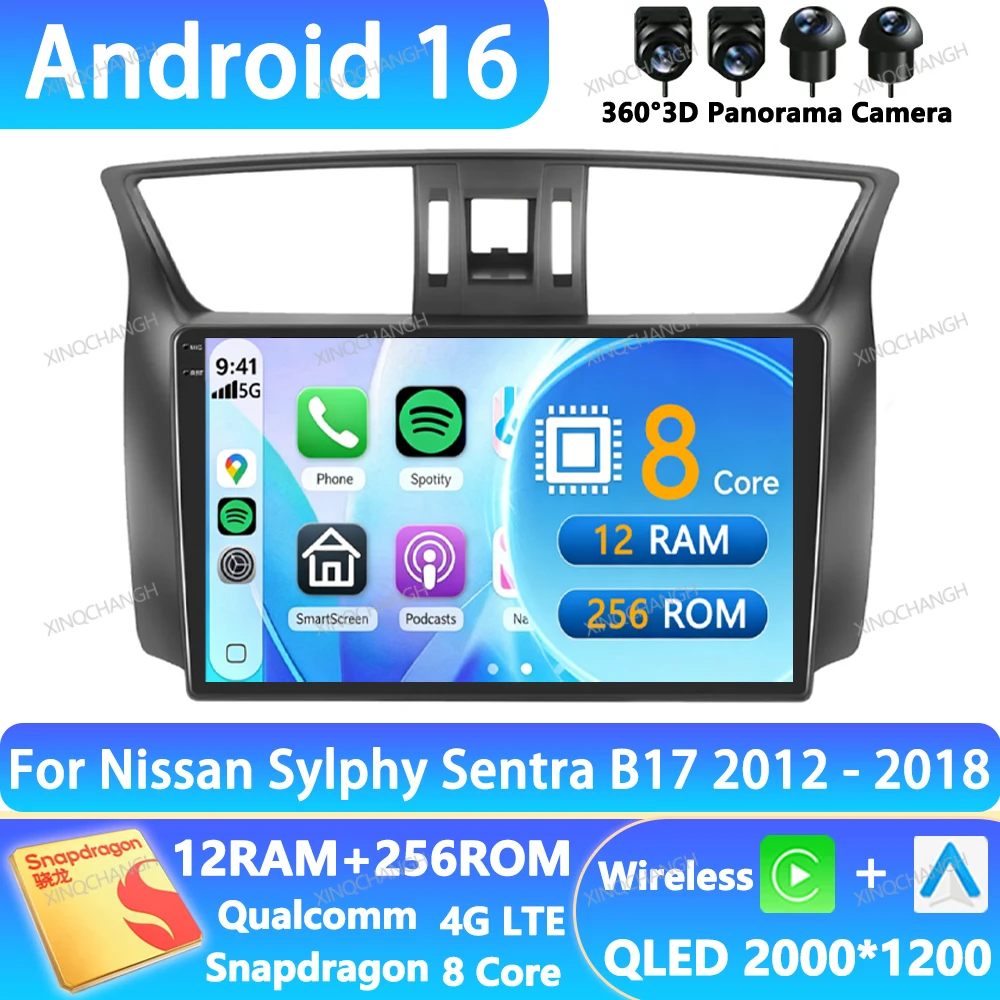 Radio para Auto Android 16 para Nissan Sylphy B17 Sentra 12 2013 - 2018, Unidad Principal QLED Qualcomm, Navegación 4G LTE, 5G WIFI, BT, GPS, 2DIN