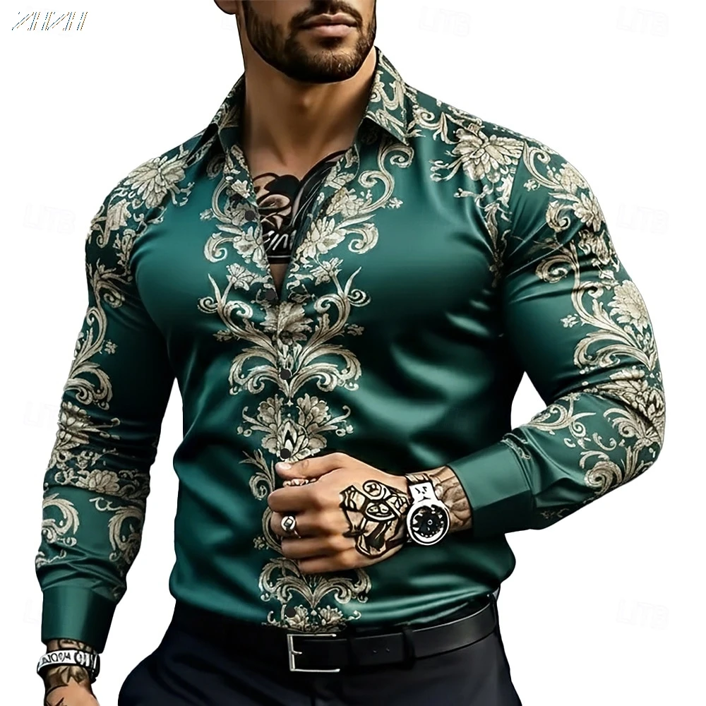 

Men's Intricate Floral Long Sleeve Shirt, 3D Printed Ethnic Design, Vintage Button Up Collared, Spring Fall Vacation Style