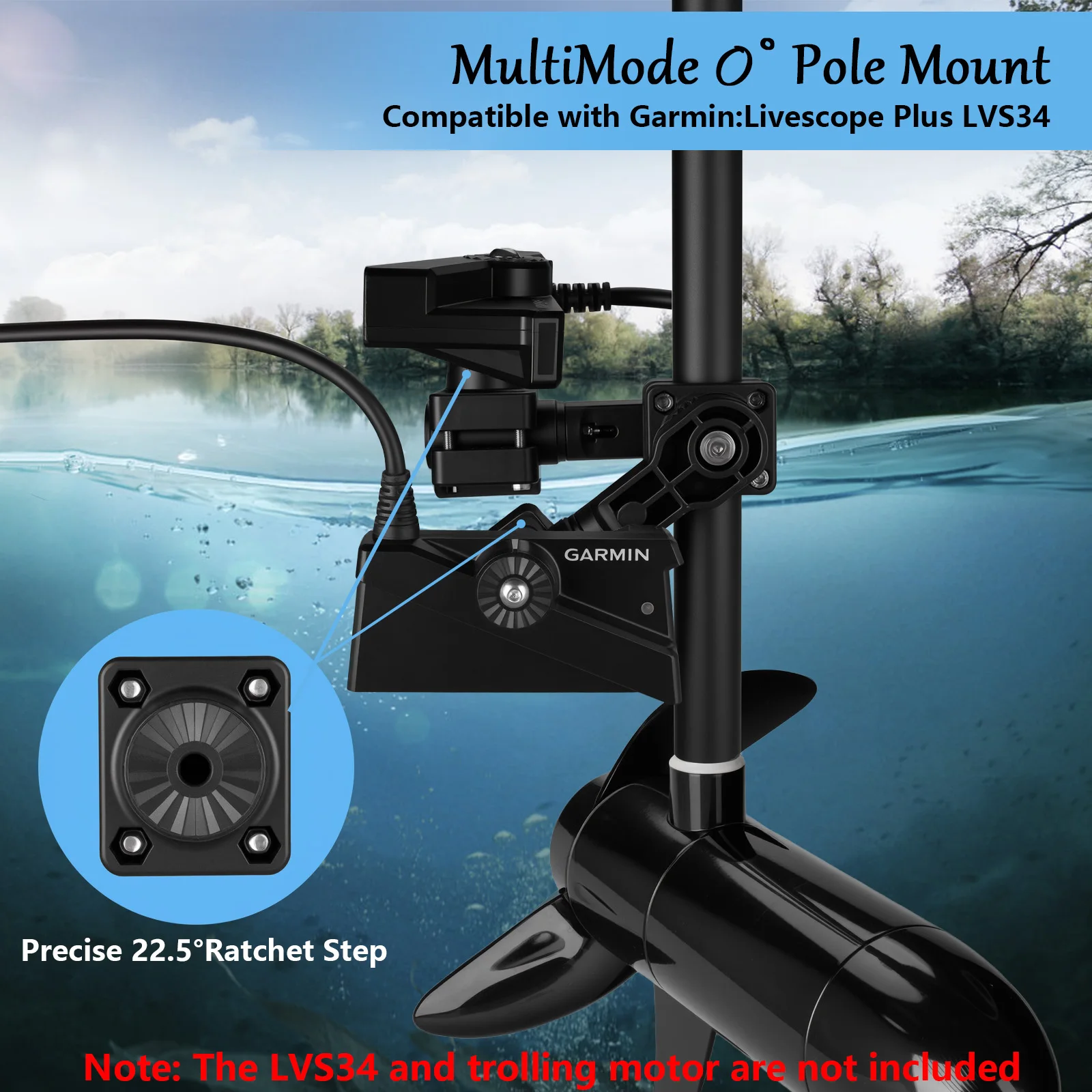 Double 0 Degree LiveScope Pole Mount Compatible with LVS34, Multi-Mode Transducer Mount for Pole and Trolling Motor Shaft