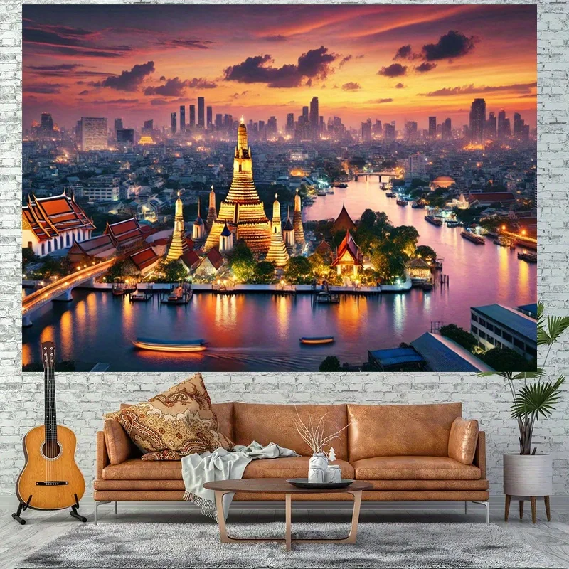 Bangkok Night View Tapestry Golden Pagoda and FloatingBoats Suitable for Weddings Birthdays Ceremonies and Thai Style Decoration