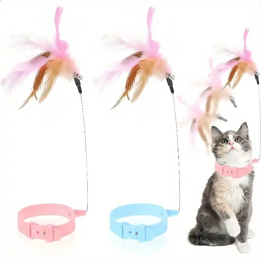 Verstellbares Katzenfeder-Teaser-Spielzeug mit Silikonhalsband und Glocke, interaktives Selbstunterhaltungsspielzeug für Katzen im Innenbereich