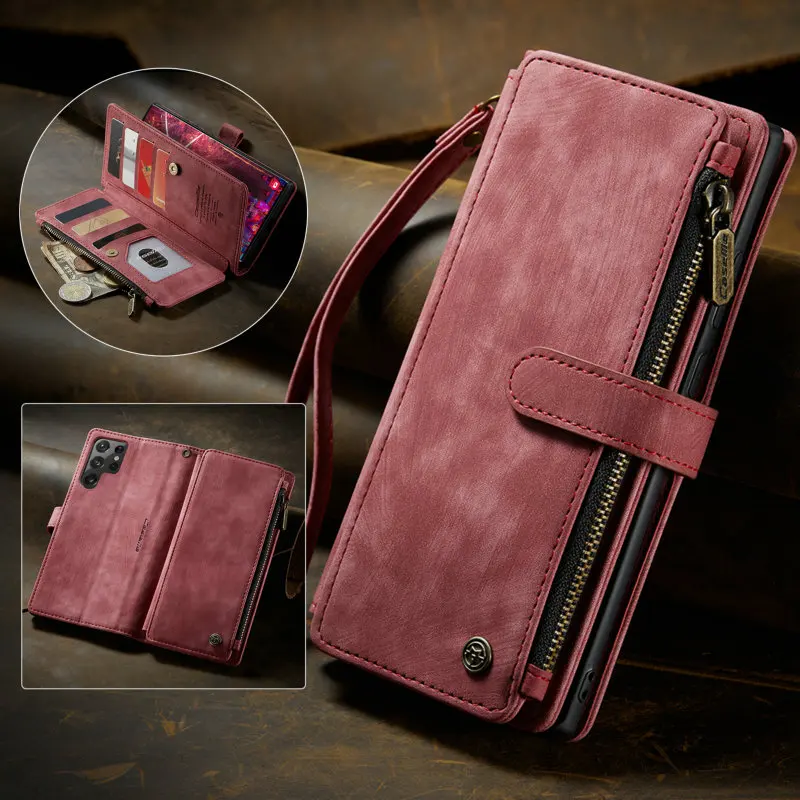 

CaseMe Galaxy S23 Case For Samsung Zipper Wallet S23 Ultra 5G S21 S22 Plus S20 Note 20 Card Slots Strap Leather S23 Plus Case