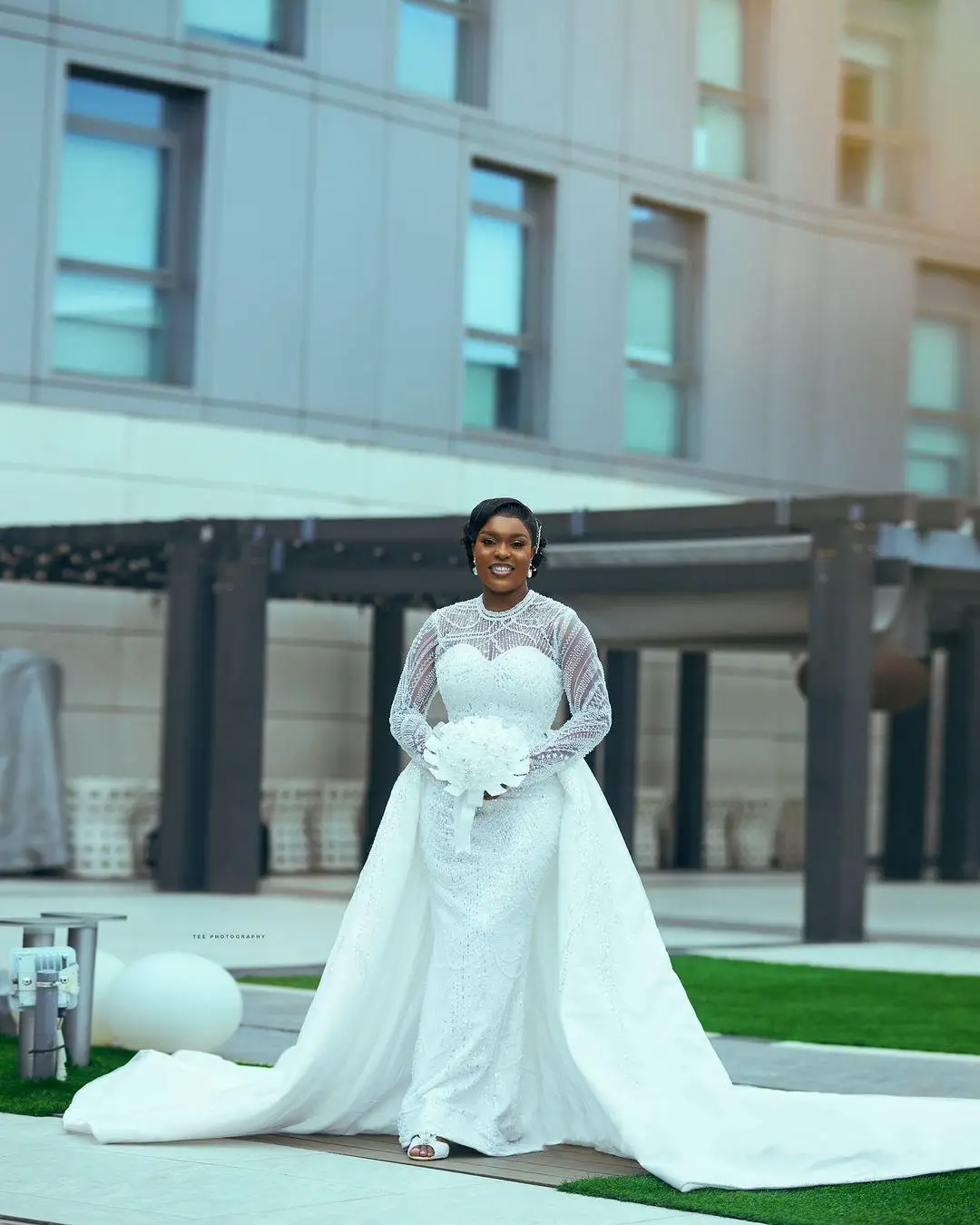 Customized African High Neck Shinny Beads Pearls Mermaid Wedding Dress with Removable Skirt Long Sleeves Plus Size  Bridal Gowns