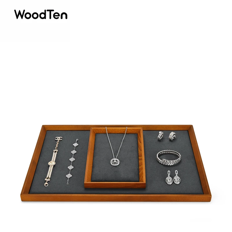 

WoodTen Large Solid Wood Jewelry Display Tray Pendant Ring Display Trays with Microfiber for Shop Cabinet Jewelry Dish Newly