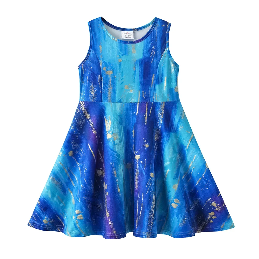 Girls Blue Splash Print Sleeveless Summer Polyester Dress Kids Gradient Birthday Party Stage Performance Beach Casual Dresses