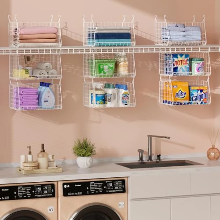 

3-Tier Hanging Laundry Basket Organizer Foldable Wire Shelf Laundry Room Organizer with 360°Rotating Hooks Small Space Solution