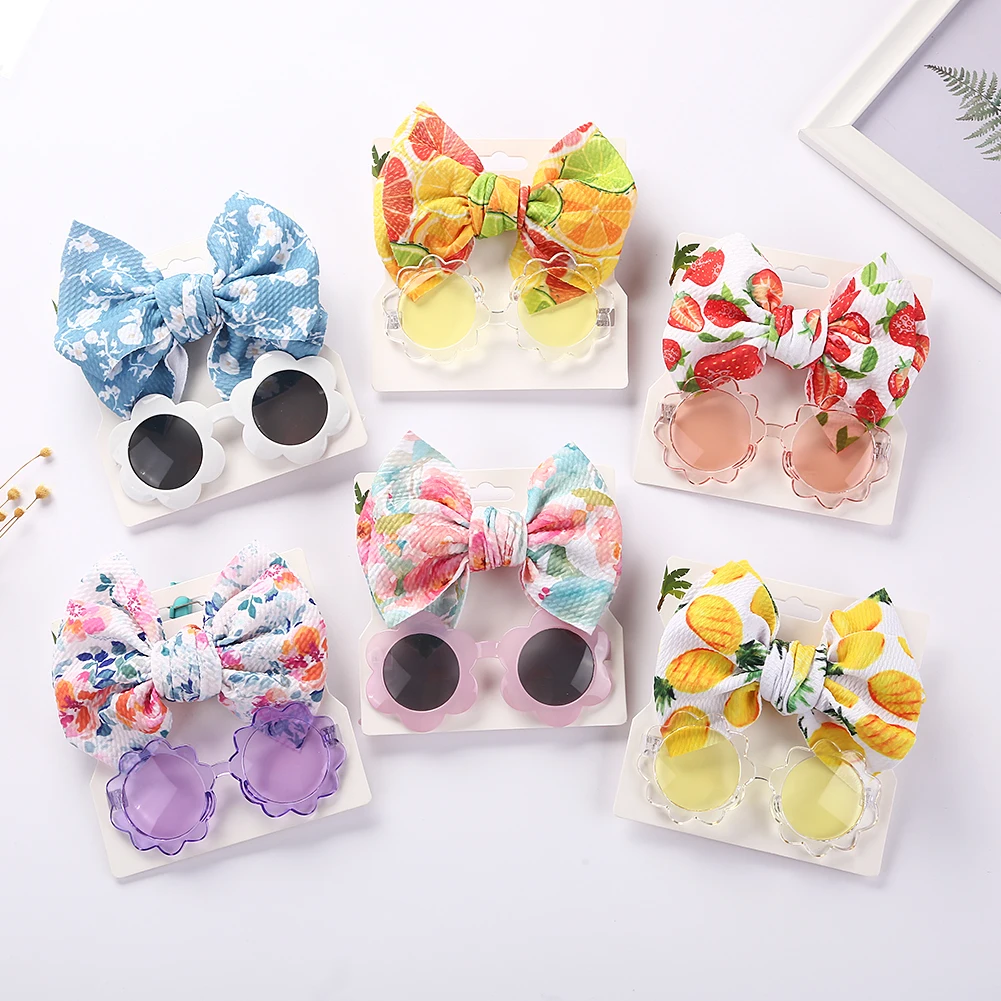 2Pcs/Set Flower Baby Sunglasses Fruit Print Bullet Nylon Hair Bands Headbands Boys Girls Seaside Mental Eyeglasses Kids Headwear