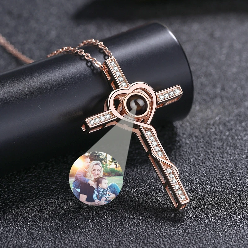 Heart Cross/Wings Pendant Custom Photo Necklace for Women Personalized Projection Photo 925 Silver Chain Wife Birthday Jewelry