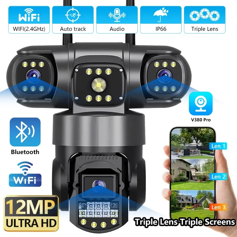    Caméra de surveillance IP PTZ Wifi à 3 objectifs, carte SIM 4G, sans fil, surveillance à 360°, caméras de sécurité extérieures étanches