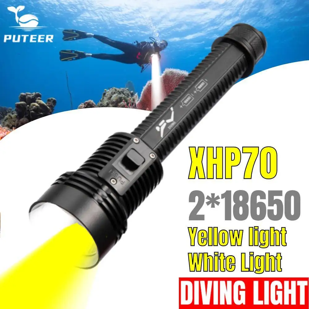 Puteer Underwater Flashlight Torches Diving Flashlight Xhp70. for Diving Scuba Night Fishing 3 Modes White Light