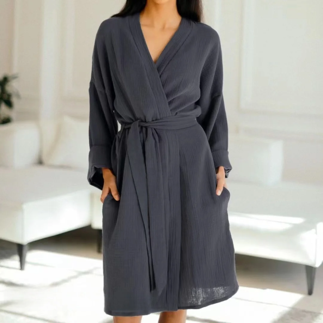 

Свободный домашний халат-кимоно на шнуровке в ветровом стиле, однотонный, для женщин, комфортная домашняя одежда