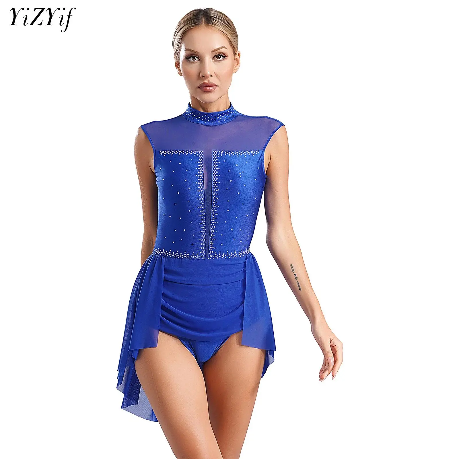 

Women Ballet Lyrical Dance Dress Sleeveless Sheer Mesh Rhinestone Leotard Dress Gymnastics Figure Skating Competition Costume