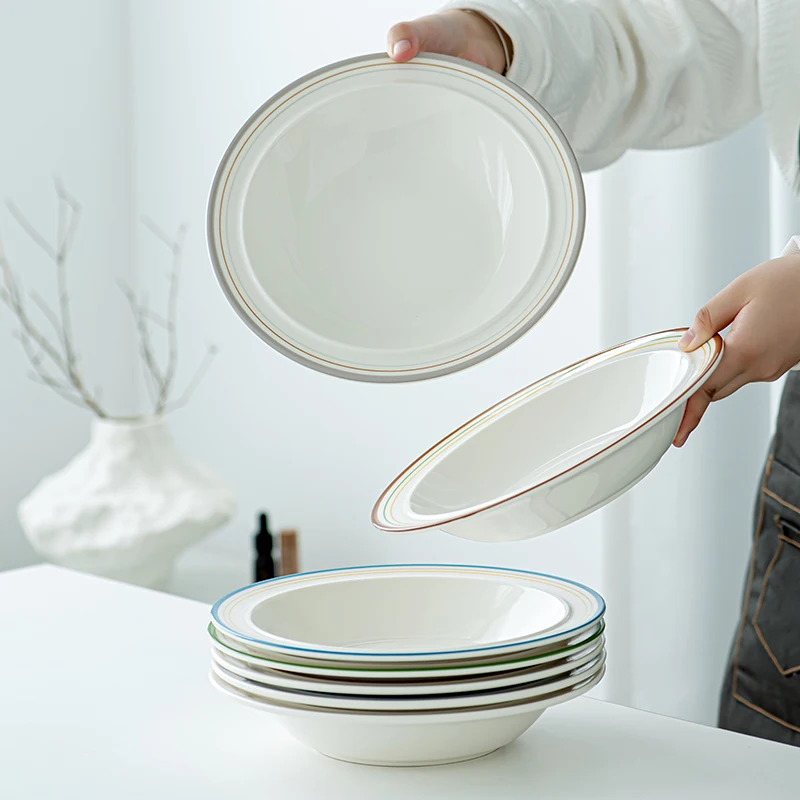 Ceramic Pasta Bowl White Porcelain Bowl with A Thin Colored Rim Kitchen Soup Bowls and Instant Noodle Bowls for Home Use