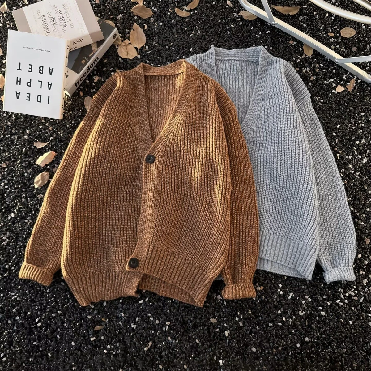 

Fall Winter V-Ne Knitted Sweater Cardigan Men's Color Casual Sle Loose Fit Outerwear Comfortable Polyester Fiber