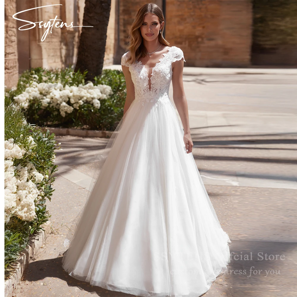 SSYTENS-Vestidos De Novia clásicos De corte a, mangas casquillo, apliques, Espalda descubierta, cuello en V, personalizados