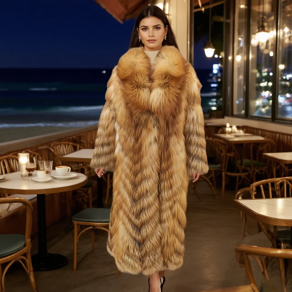 معطف فرو الثعلب الأحمر الحقيقي X-Long