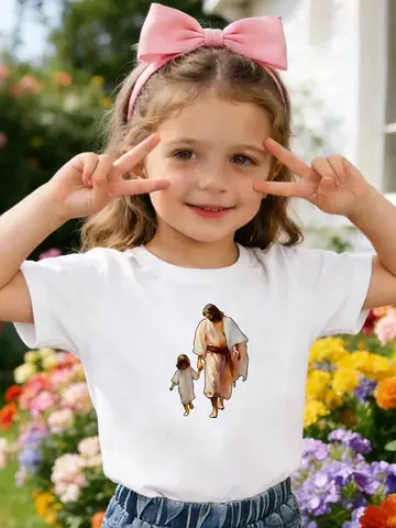 Religious Jesus Holding Child Art Print Kids Tee Boys Girls Family Match Cotton Crew Neck Short Sleeve Soft Casual Summer Tee