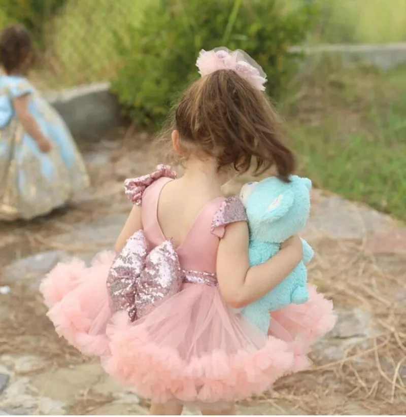 Vestido de princesa de flores para niña, Mini vestido rosa de lentejuelas de tul sin mangas para bebé hinchado con lazo, vestido de baile para fiesta de cumpleaños para niños